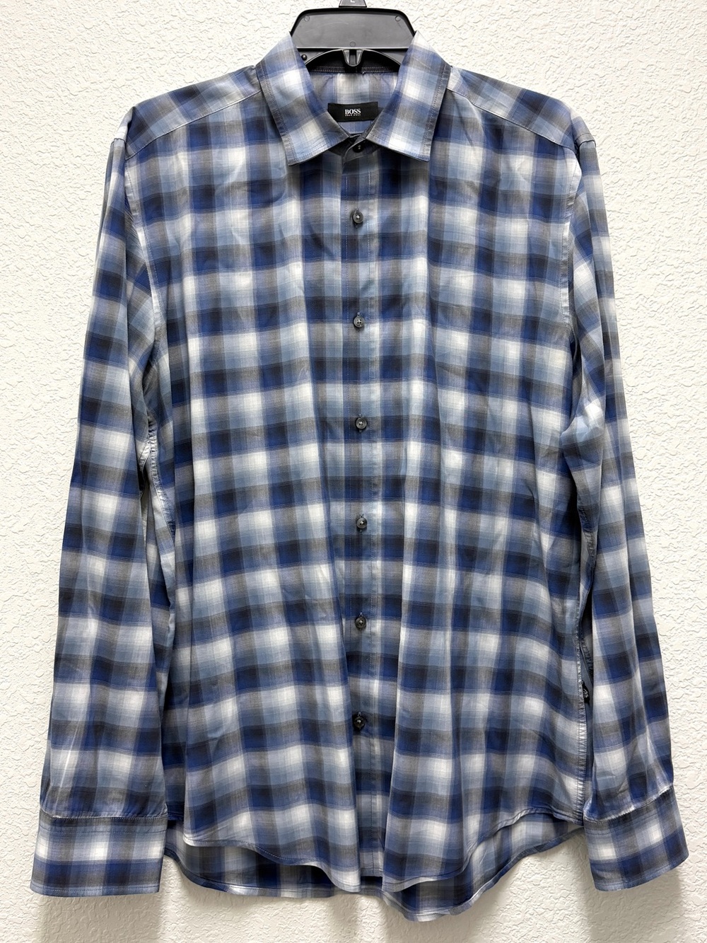Hugo Boss Men’s Large Blue & Black Plaid Slim Fit Dress Shirt